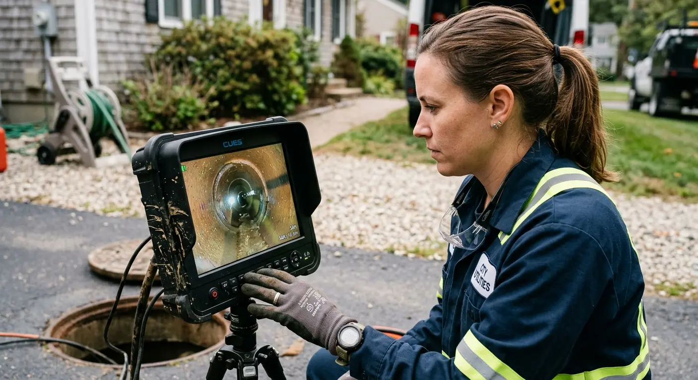 Technician reviewing sewer camera inspection footage in Safford