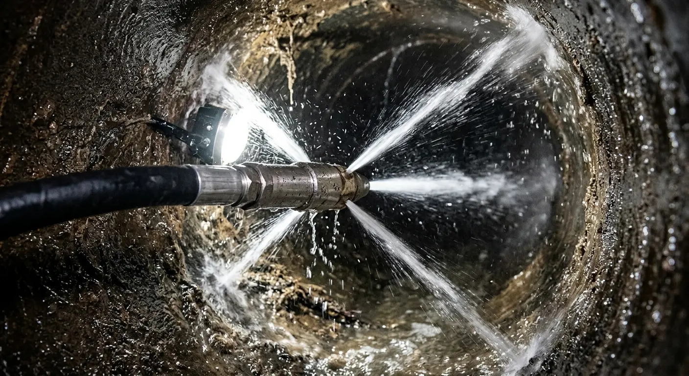 High-pressure hydro jetting nozzle cleaning sewer pipe for Emergency Drain Service in Safford