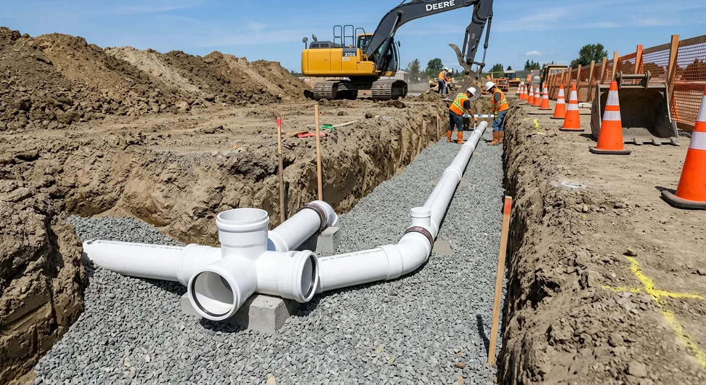 New PVC sewer pipe installation in open trench for Commercial Drain Cleaning in Safford