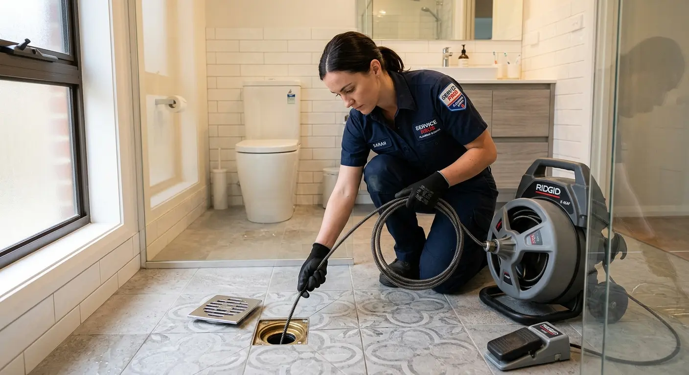 Technician clearing a bathroom floor drain for Sewer Line Replacement in Safford